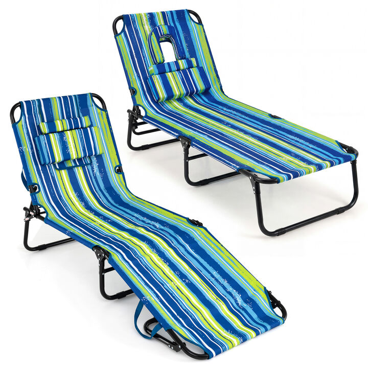 Set of 2 Folding Tanning Chairs with Face Hole and 3 Removable Pillows