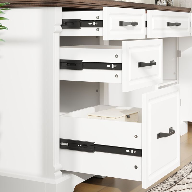 FUFU&GAGA Modern Office Desk with Five Drawers & Cabinet, White Frame & Deep Brown Wood Grain Top, Black Metal Handles, (59"W x 19.6"D x 29.9"H), White