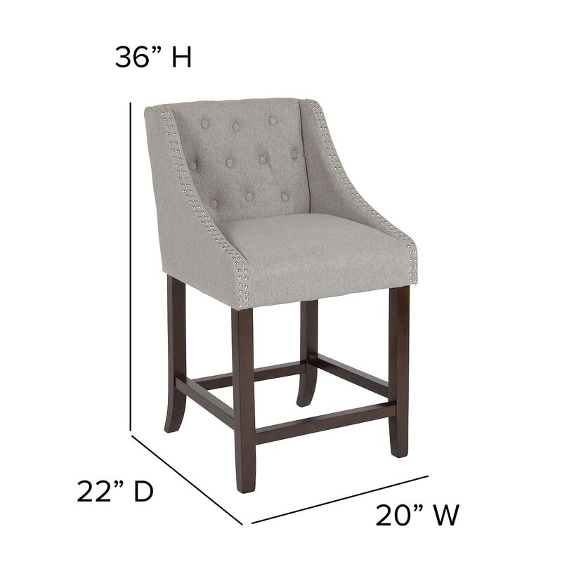 Flash Furniture Carmel Series 24" High Transitional Tufted Walnut Counter Height Stool with Accent Nail Trim in Light Gray Fabric
