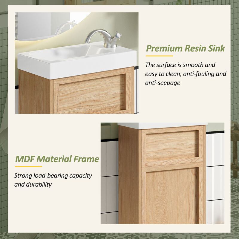 Whisen 15.75" Bathroom Vanity with Reversible Resin Sink, MDF Cabinet with Adjustable Shelf and Push-to-Open Door