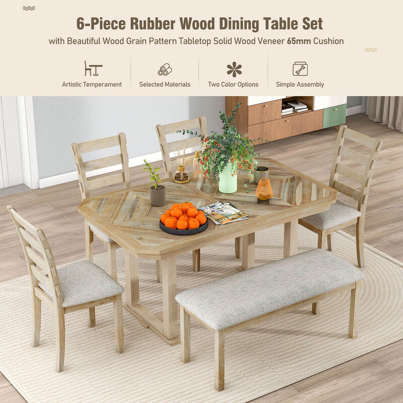 Whisen 6-Piece Rubber Wood Dining Table Set with 4 Chair and 1 Bench - Natural Wood Wash
