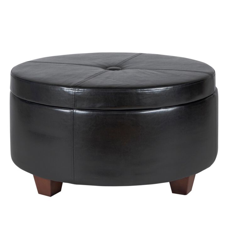 Leatherette Single Button Tufted Round Ottoman with Wooden Feet, Large, Black and Brown-Benzara