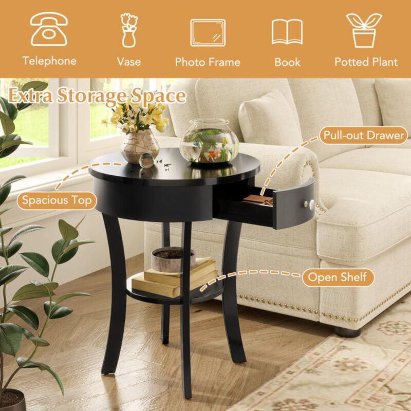 Hivvago 2-Tier Wood Round End Table with Open Drawer