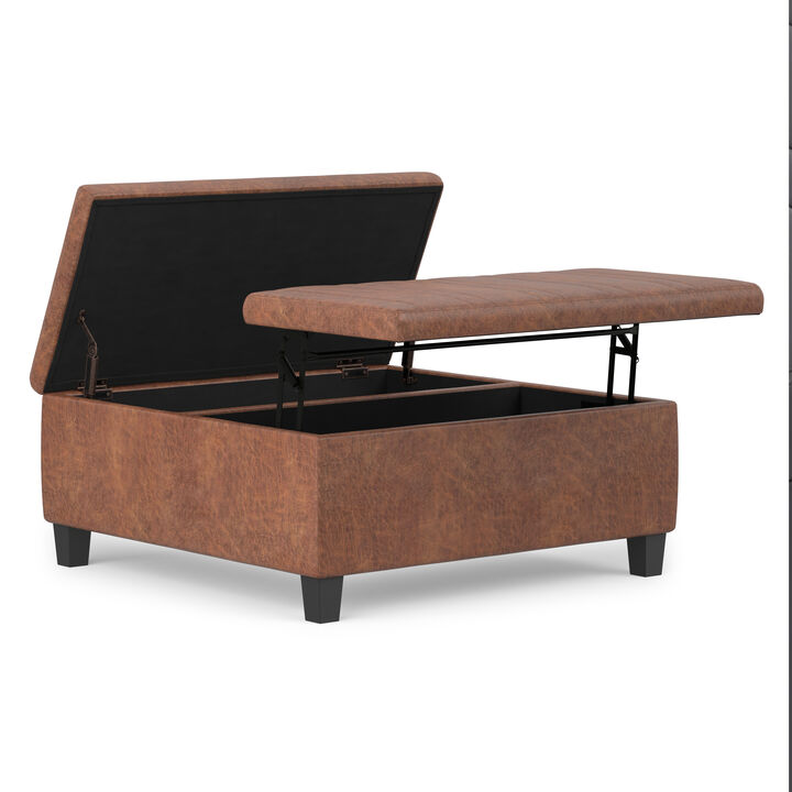 Ellis Coffee Table Storage Ottoman In Distressed Saddle Brown Vegan Faux Leather