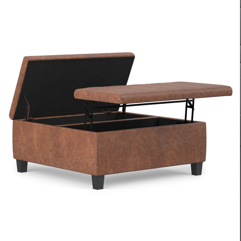 Ellis Coffee Table Storage Ottoman In Distressed Saddle Brown Vegan Faux Leather image number 0