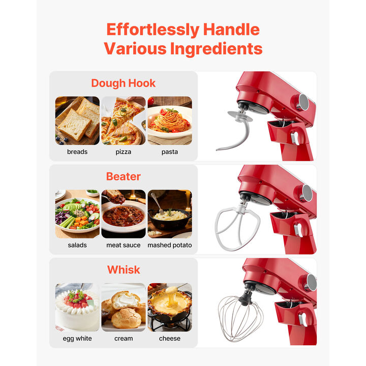 VEVOR Stand Mixer, 7.8 QT Electric Kitchen Mixer, 800W Dough-Mixer, 10 Speeds Tilt-head Food-Mixer with Stainless SteelBowl, Dough Hook, Whisk, Beater, for Baking, Mixing, WhiPlasticing & Kneading, Red