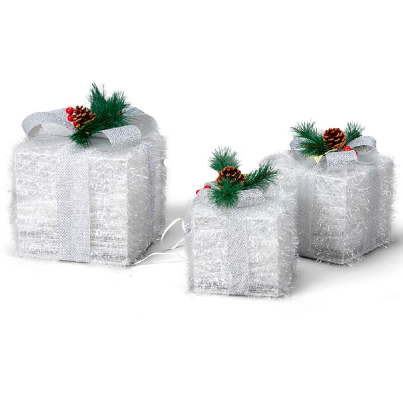 Lighted Gift Boxes Set of 3 Pre-Lit Glitter Present Decor with 48 LED Lights for Indoor & Outdoor