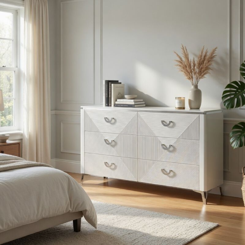 Ivana 63 Inch Wide Dresser with 6 Drawers, Geometric Front, White Wood image number 8