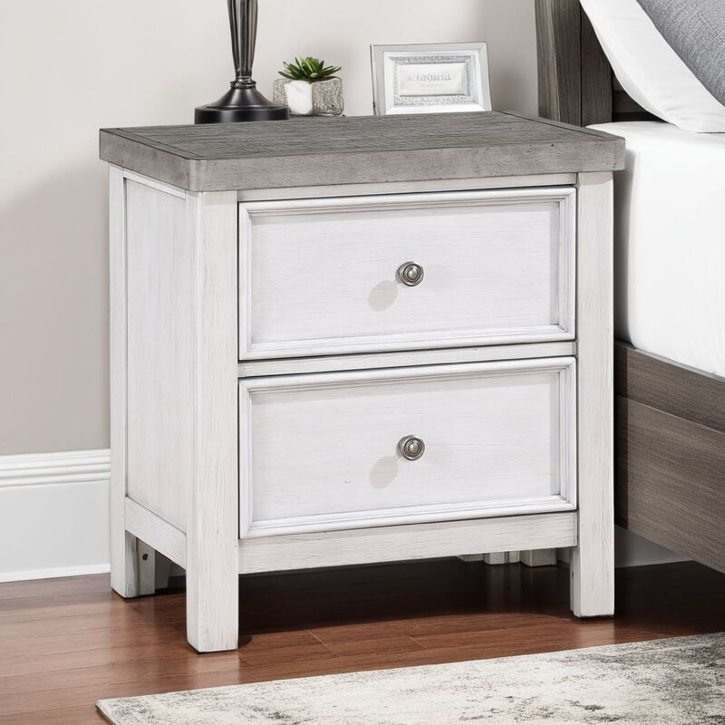 Amby Nightstand, 2 Drawers, Farmhouse Antique White, Gray Acacia Wood - Benzara
