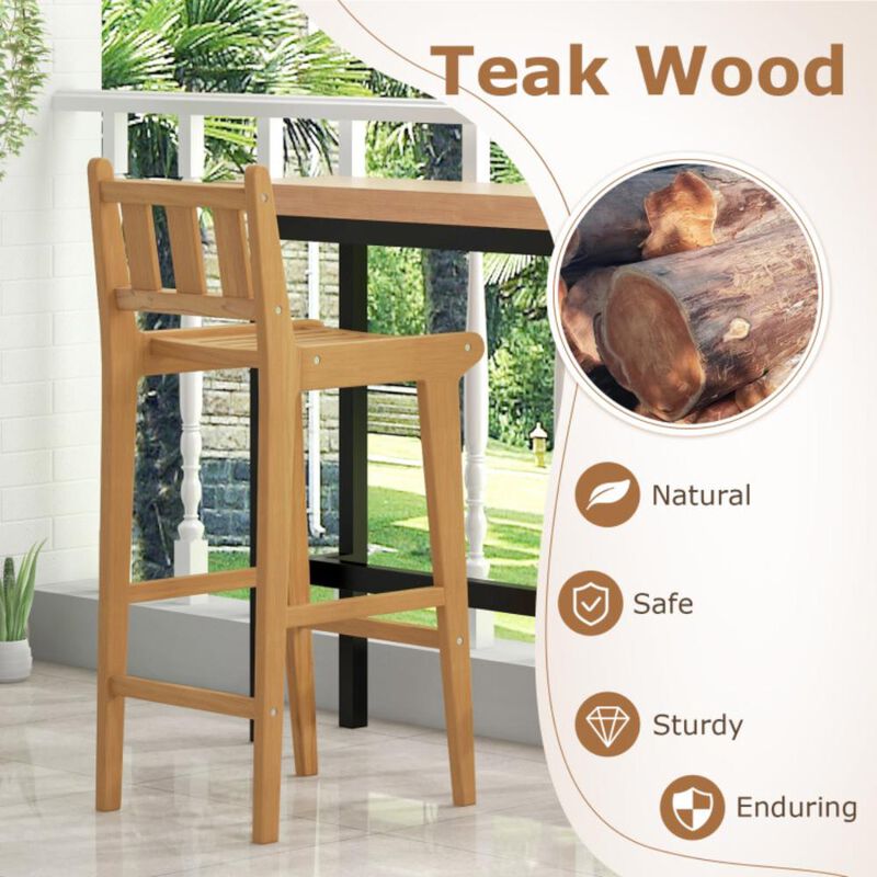 Hivvago 30 Inch Teak Wood Bar Chair with Footrest and Backrest for Deck Poolside Garden