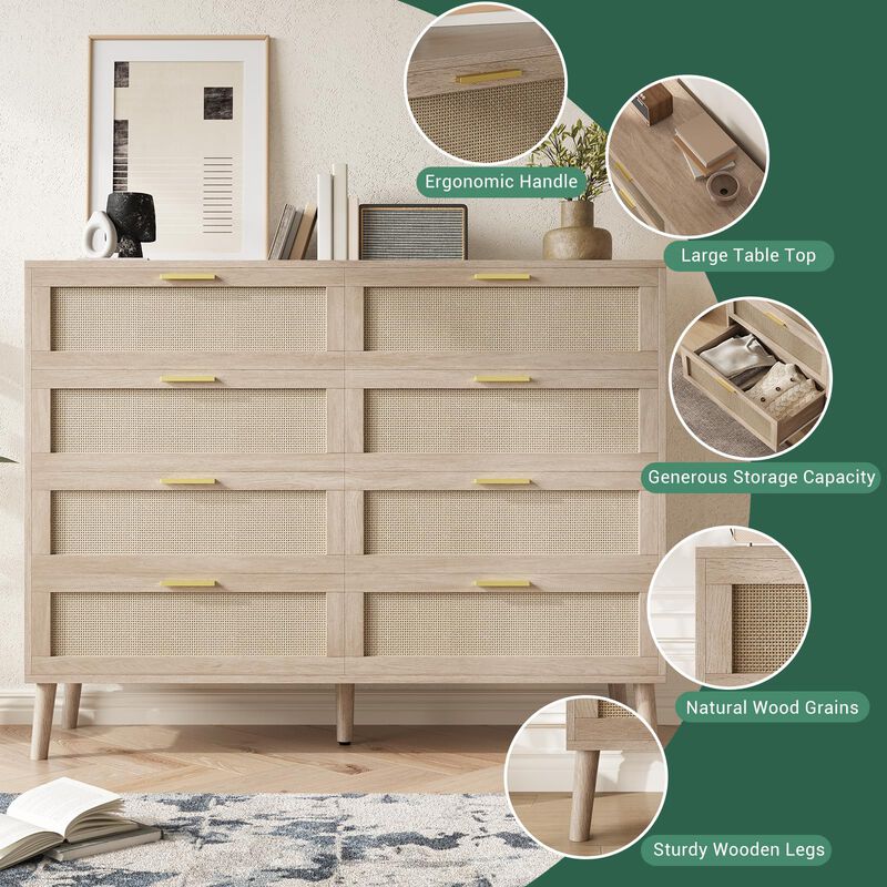 8 Drawer Dresser, Natural Rattan Dresser for Bedroom with 5 Strong Legs, Farmhouse Wood Chest image number 4