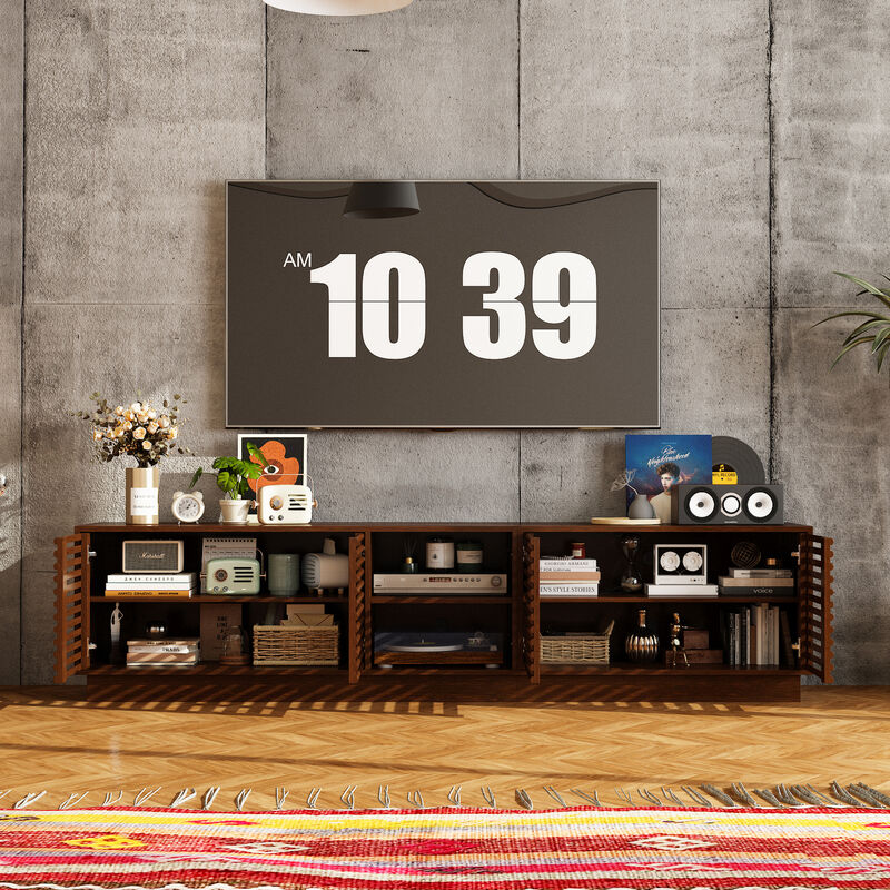 FUFU&GAGA Modern Wooden TV Stand with Slatted Doors – Stylish & Functional Storage (78.7" W x 18.8" H x 15.7" D), Brown