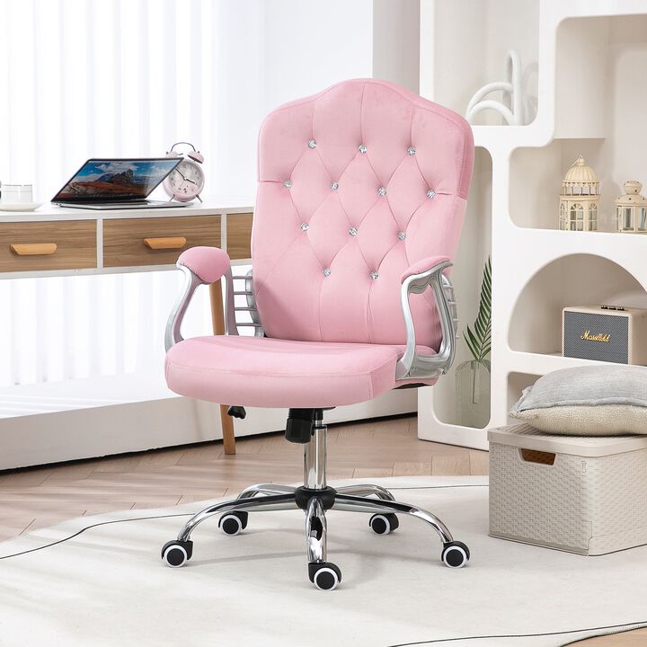 Home Office Chair, Velvet Computer Chair, Button Tufted Desk Chair with Swivel Wheels, Adjustable Height, and Tilt Function, Pink