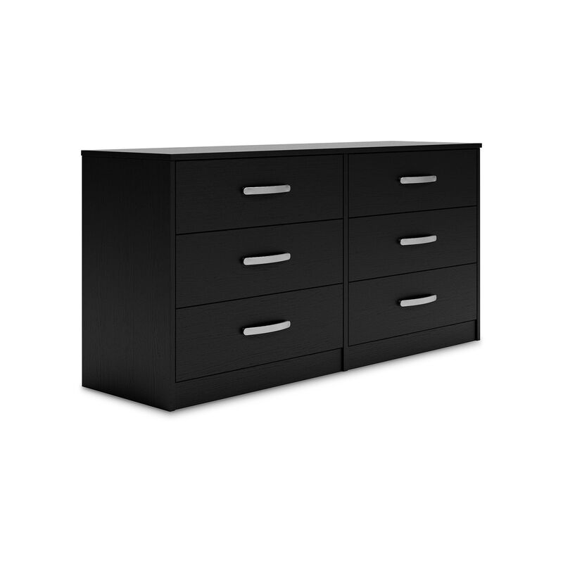 Finny Wide Dresser, 6 Drawers, Matte Black, Silver Metal, 59 Inch - Benzara