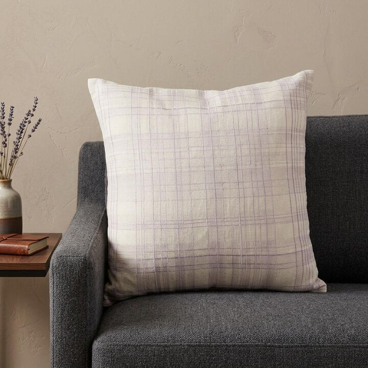 HomeRoots 24" Ivory Check Cotton Blend Throw Pillow With Embroidery