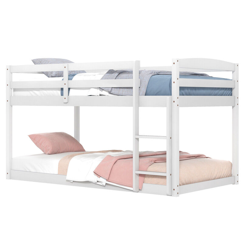Twin Size Bunk Bed with High Guardrails and Integrated Ladder-White