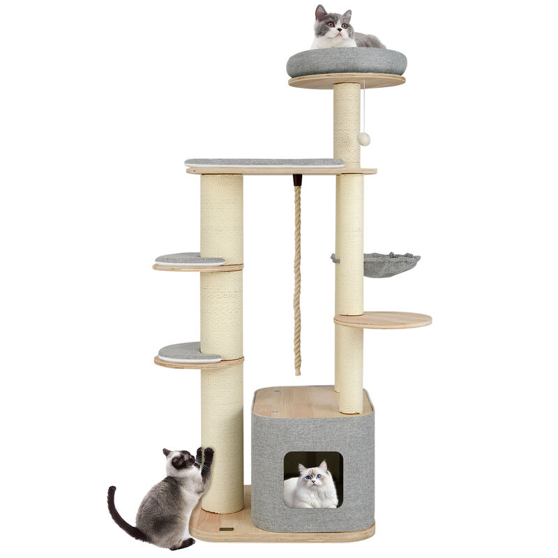 Tall Cat Tree Modern Wooden Cat Tower with Perch Condo Hammock