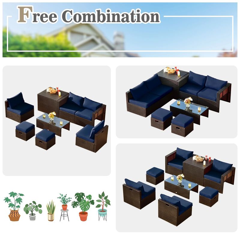 Mondawe 8 Pieces Patio Space-Saving Rattan Furniture Set with Storage Box and Waterproof Cover