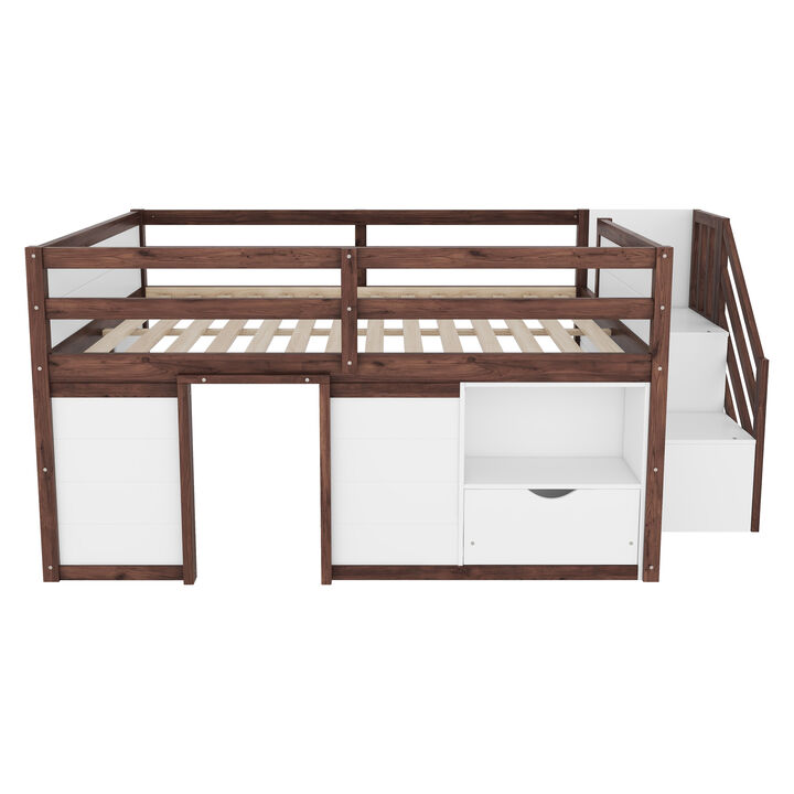 Whisen Full Size Solid Wood Low Loft Bed Frame with Built-in Stairs, Storage Drawer & Shelf for Kids Bedroom