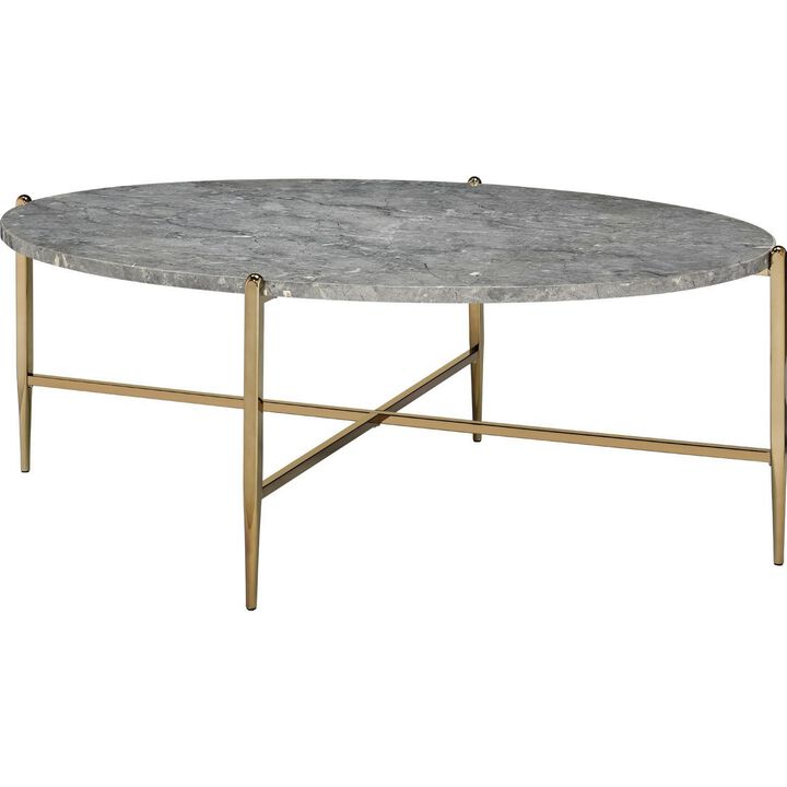 Coffee Table with Oval Marble Top and X Shaped Support, Gray and Gold-Benzara