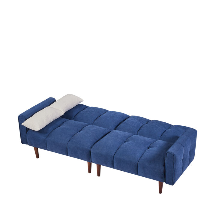 Convertible Futon Sofa Bed, Adjustable Couch Sleeper, Modern Fabric Linen Upholstered Futon Sofa bed with Wooden Legs & 2 Pillows for Apartment, Living Room, Studio. (Blue)