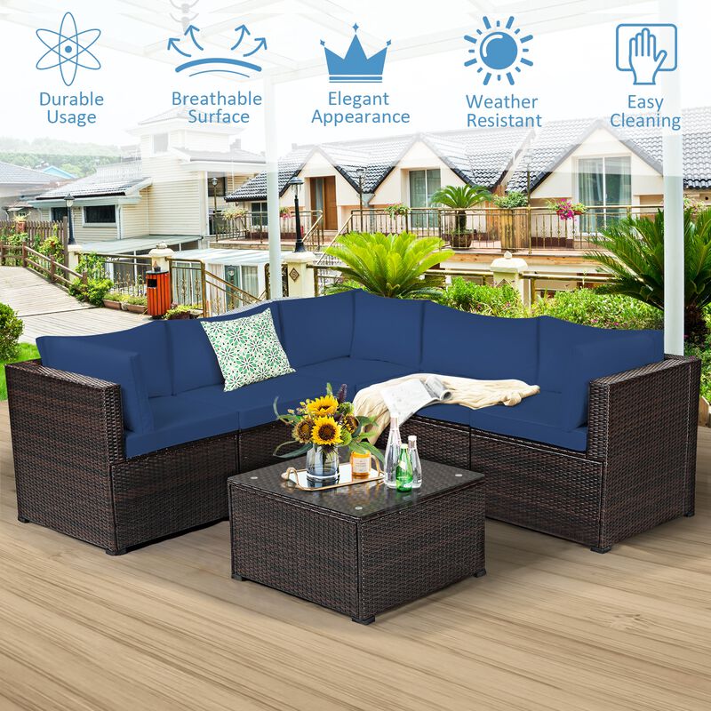 6 Pieces Patio Rattan Furniture Set Sectional Cushioned Sofa Deck
