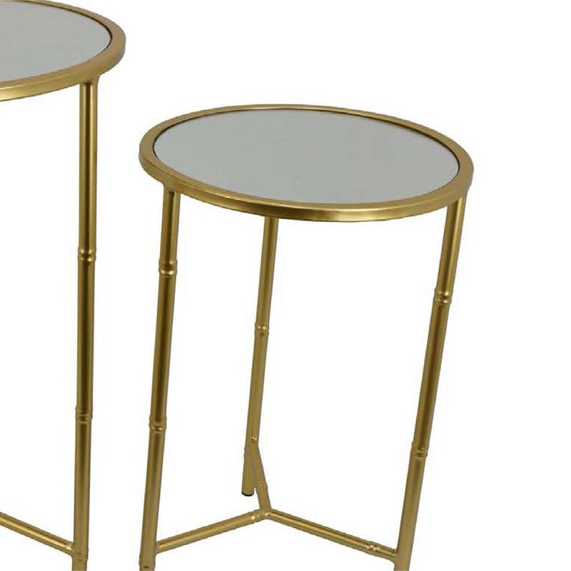 Modern Plant Stand Table Set of 2, Round Mirror Top, Gold Metal Base