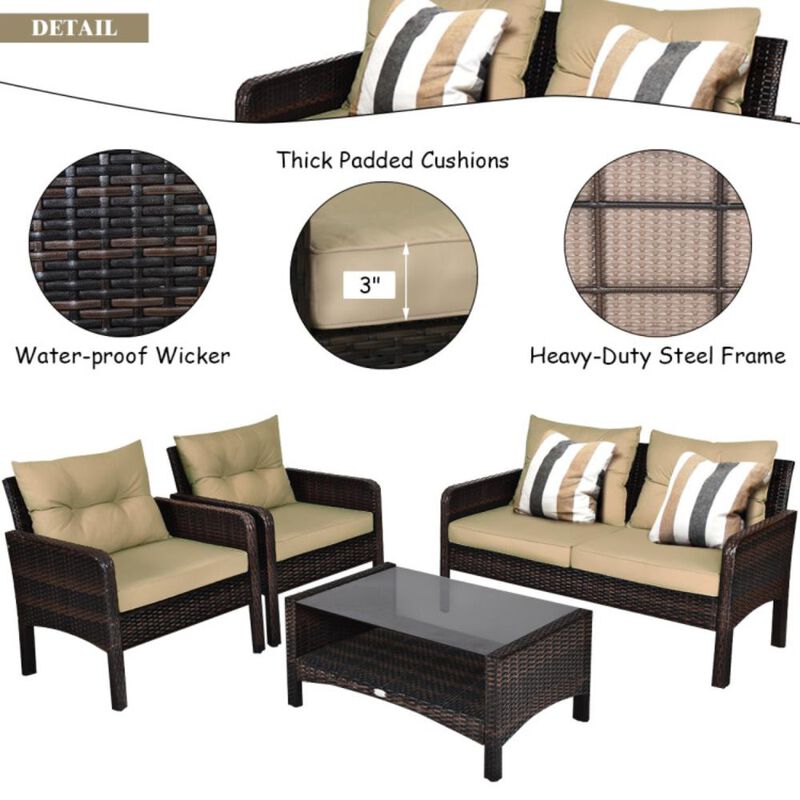 Hivvago 4 Pieces Patio Rattan Sofa Set Free-Combination with Cushion and Coffee Table