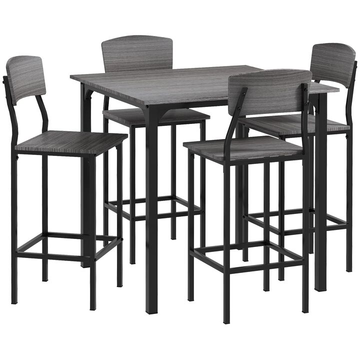Counter Height Bar Table Set for 4, Square Kitchen Table and Chairs Set with Footrest, Metal Legs, Industrial Dinner Table Set for 4, Gray