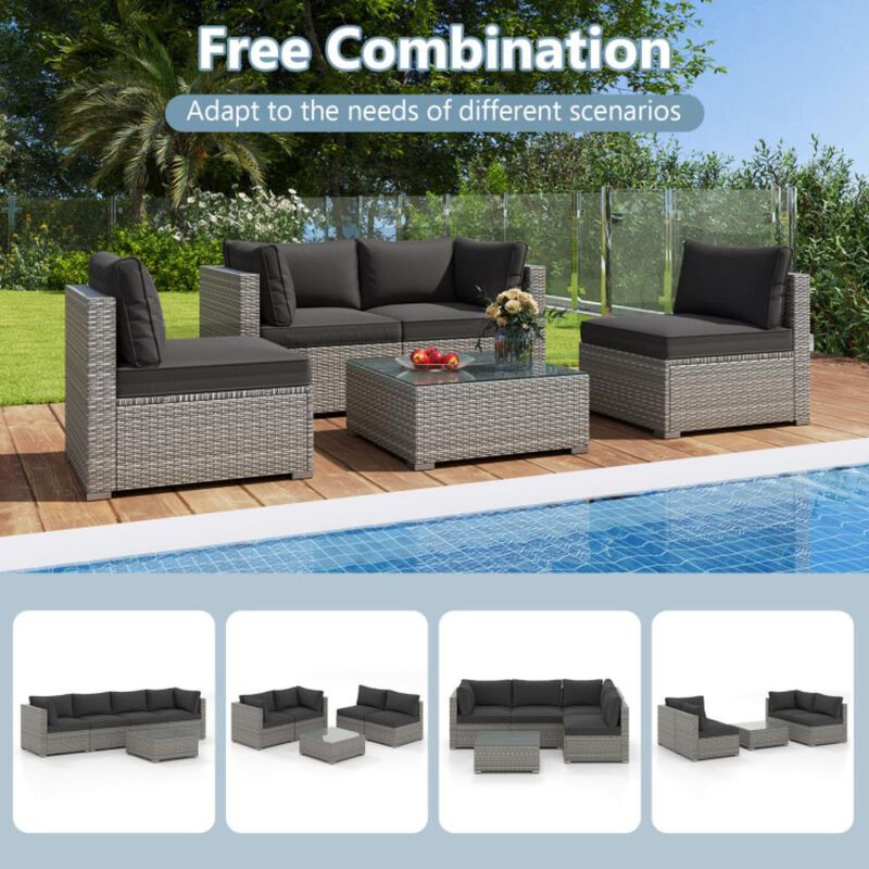 Hivvago 5-Piece Outdoor Patio Sectional Sofa Couch and Glass Coffee Table with Cushions