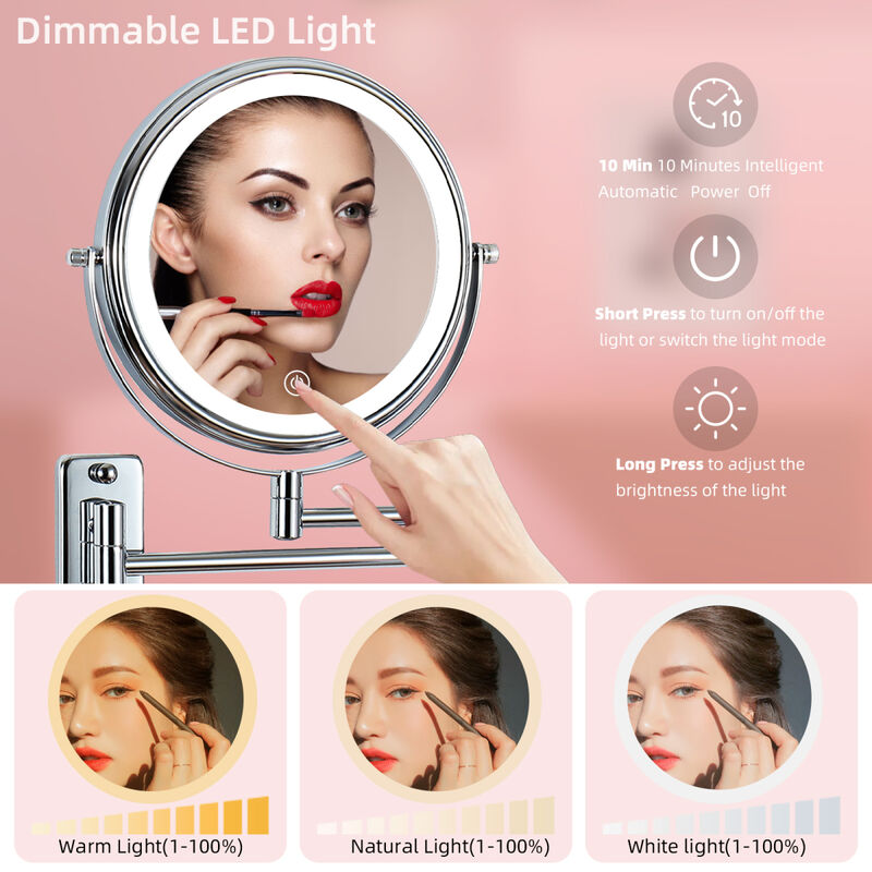 8-inch Wall Mounted Makeup Vanity Mirror, 3 colors Led lights, 1X/10X Magnification Mirror, 360° Swivel with Extension Arm (Chrome Finish)