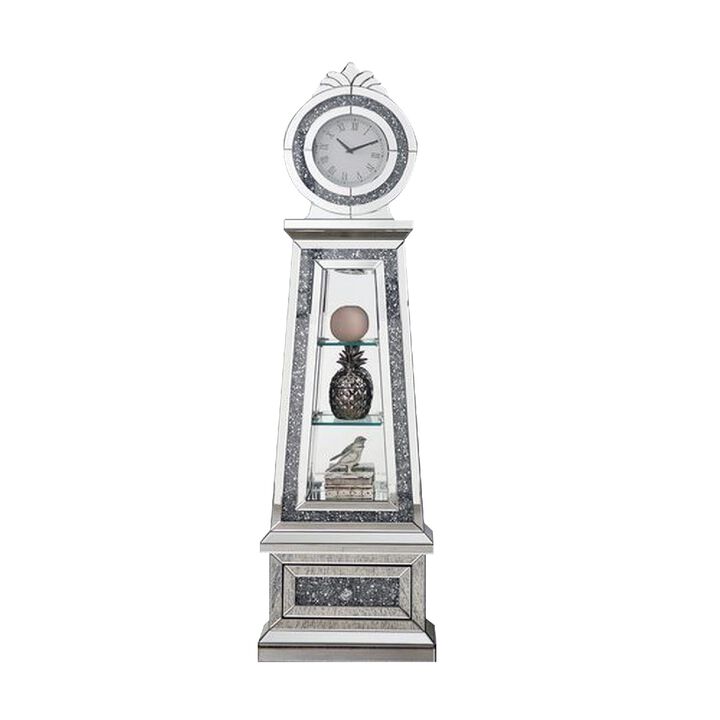 Mirrored Grandfather Clock with 3 Open Compartments, Silver - Benzara