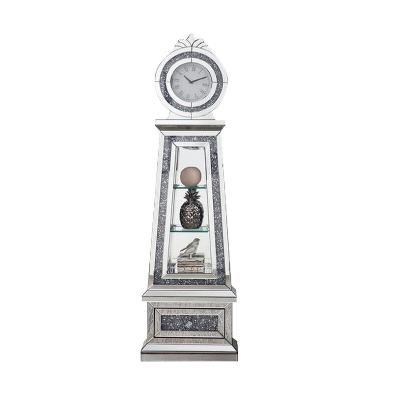 Mirrored Grandfather Clock with 3 Open Compartments, Silver - Benzara