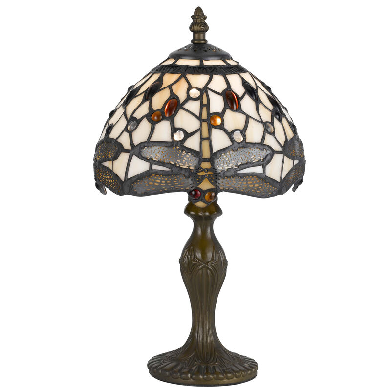 Metal Body Tiffany Table Lamp with Dragonfly Design Shade, Multicolor-Benzara