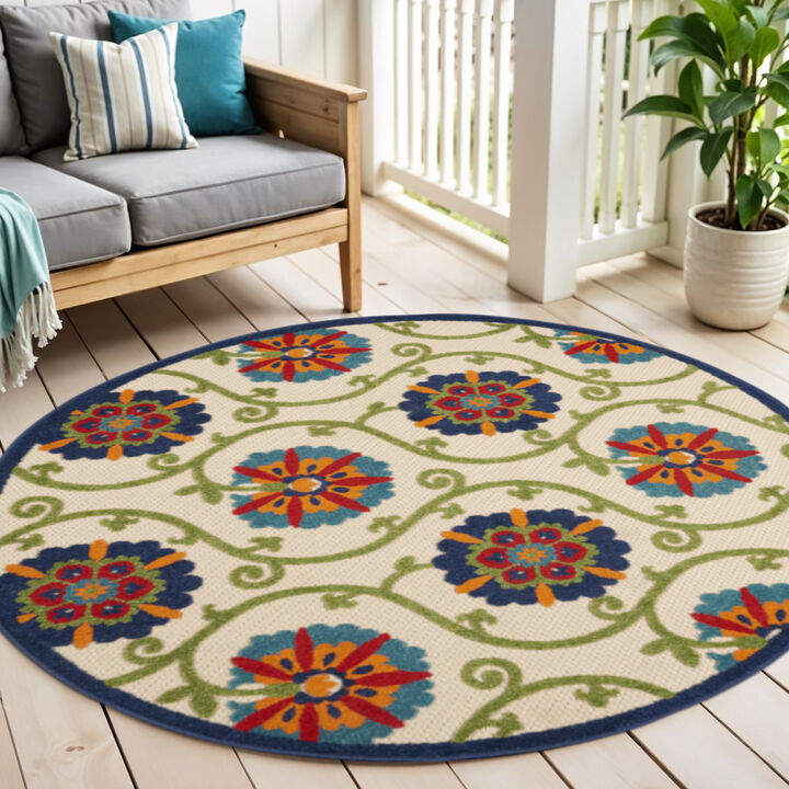 HomeRoots 5' Navy Blue Beige Green Blue And Red Round Floral Indoor Outdoor Area Rug