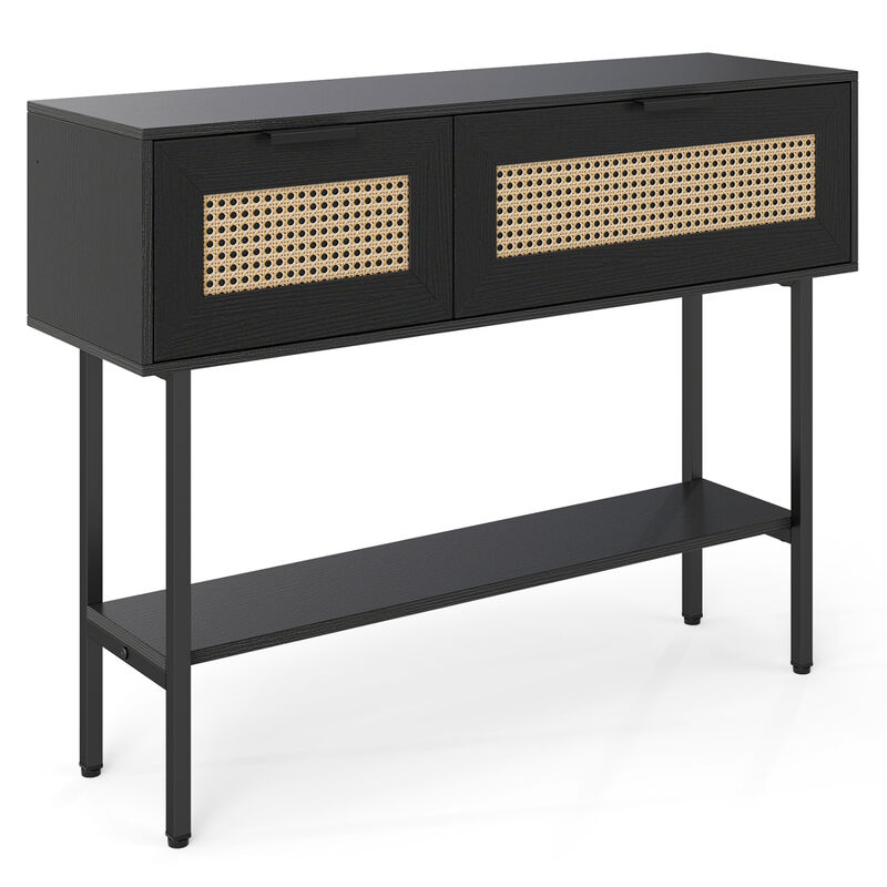 Rattan Entryway Console Table with Storage Cabinets Shelf and Metal Frame image number 0