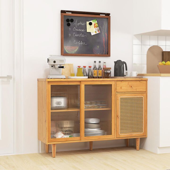 Hivvago Modern Bamboo Buffet Sideboard Cabinet with Tempered Glass Sliding Doors-Natural