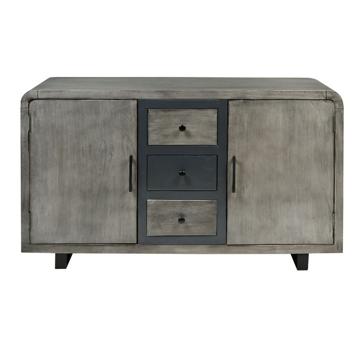 55 Inch Industrial Style Sideboard Console with 2 Cabinets, Iron Handles, Matte Gray Mango Wood - Benzara