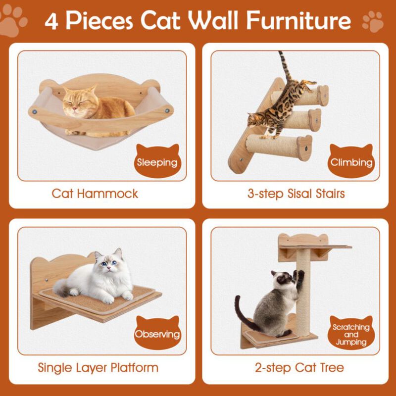 Hivvago Cat Wall Furniture Set of 4 with Hammock 2-step Cat Tree and Perch