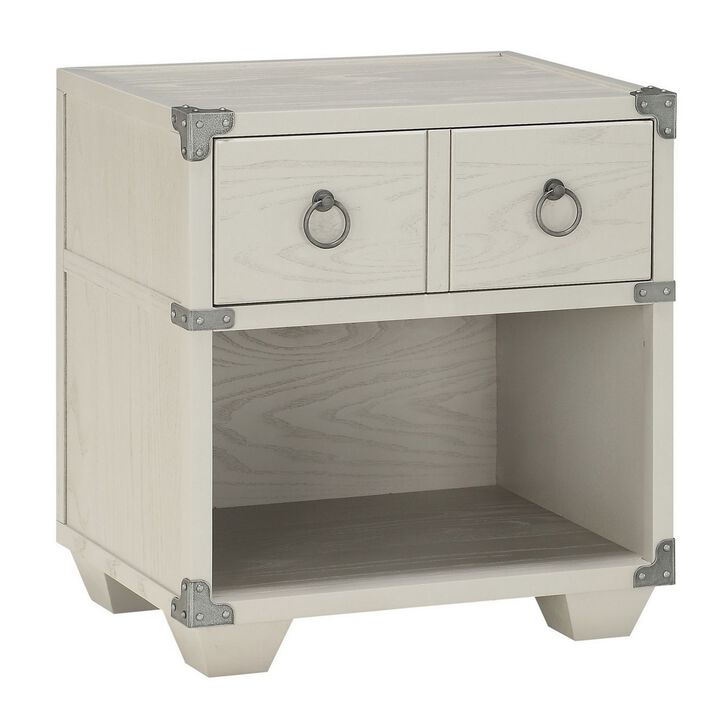 Two Drawer Wooden Nightstand with Metal Ring Pulls, Gray-Benzara