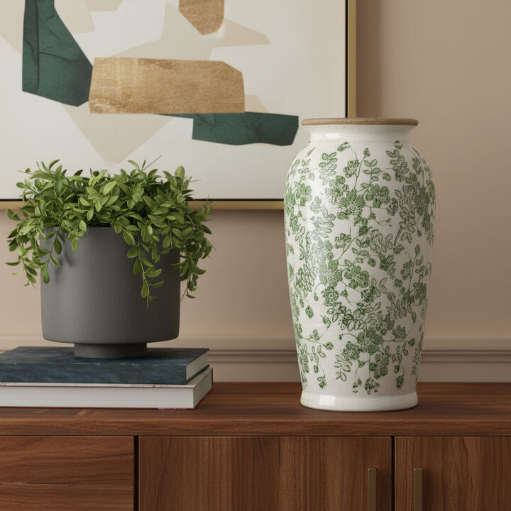 HomeRoots 12" Green And White Leaf Ceramic Round Table Vase