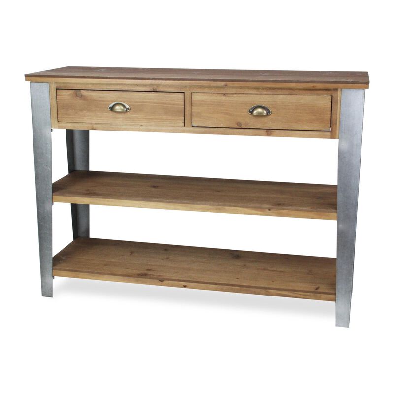 HomeRoots 48" Natural and Gray Wood Console Table With Two Shelves And Two Drawers image number 2