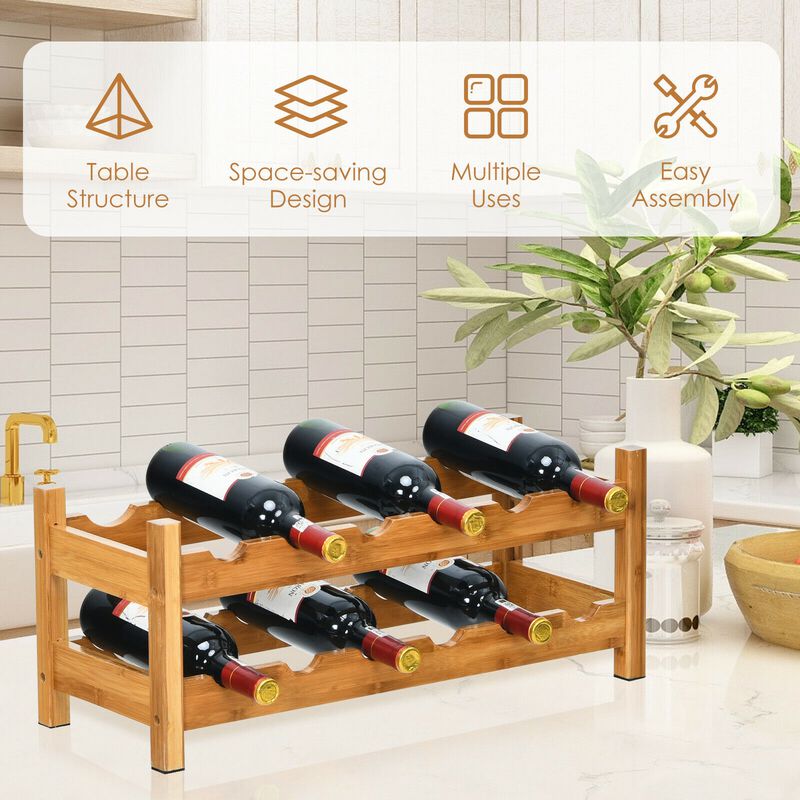 2-Tier Bamboo Wine Rack for 12 Bottles, Stylish Storage Shelf