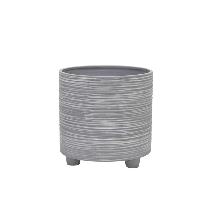 Footed Planter with Lines Gray