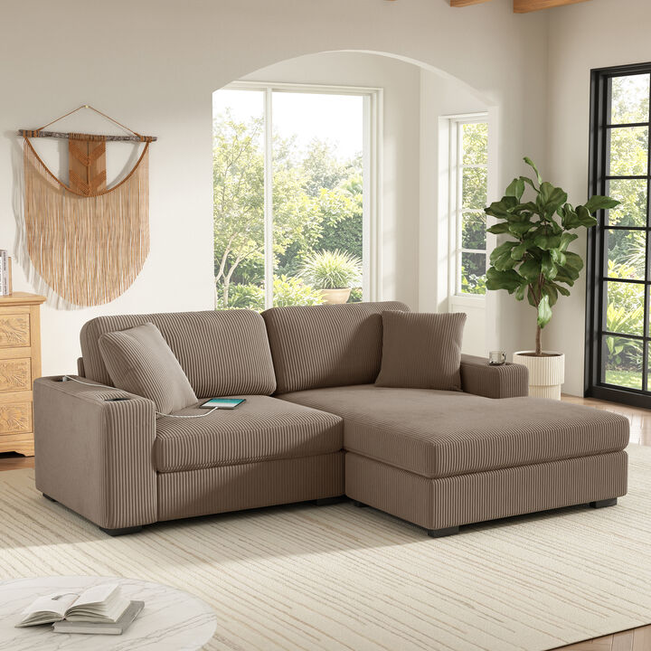 Merax Oversized Chaise Sectional with Corduroy Upholstery, Integrated Cup Holders & Charging Ports