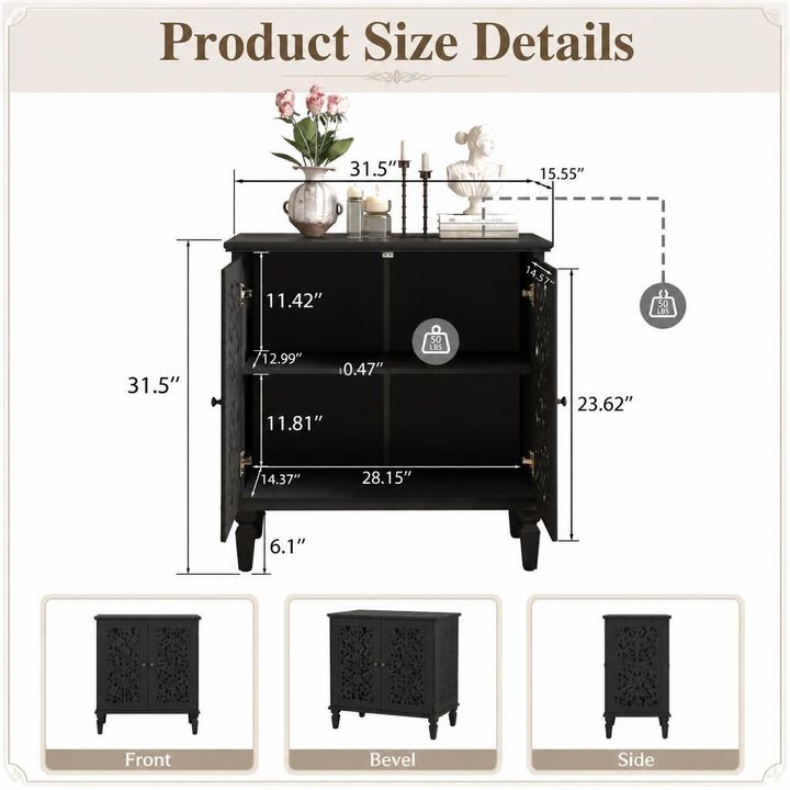 GOODSILO Vintage Hollow-Carved 2-Door Accent Cabinet with Adjustable Shelf and Solid Wood Legs for Living Room Entryway Storage