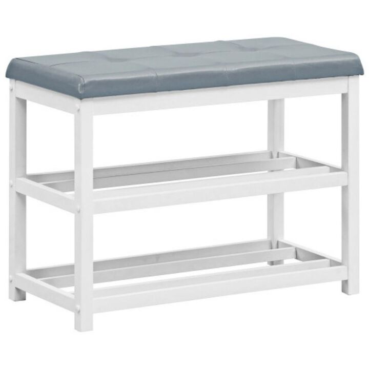 2-Tier Wooden Shoe Rack Bench with Padded Seat-White