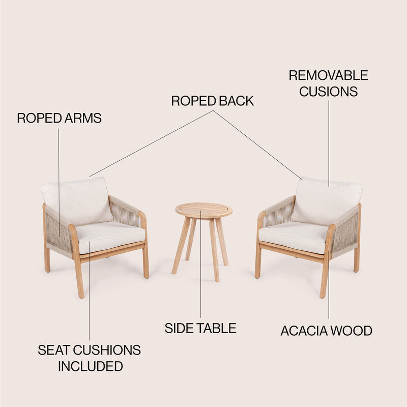 Aveiro 3-Piece Modern Bohemian Roped Acacia Wood Conversation Outdoor Patio Set with Cushions, Beige/Light Teak