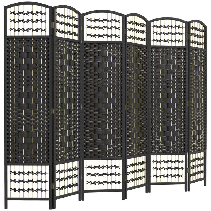 6 Panel Folding Room Divider Portable Privacy Screen Wave Fiber Room Partition for Home Office Black