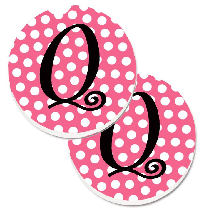 Caroline's Treasures Letter Q Monogram - Pink black Polka Dots Set of 2 Cup Holder Car Coasters CJ1001-QCARC, 2.56, Multicolor
